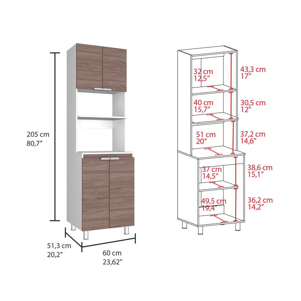 Mueble Microondas Fendi Blanco y Castaño 60x205cm sin Cajones y con Cuatro Puertas - Muebles Organizadores | Bylmo