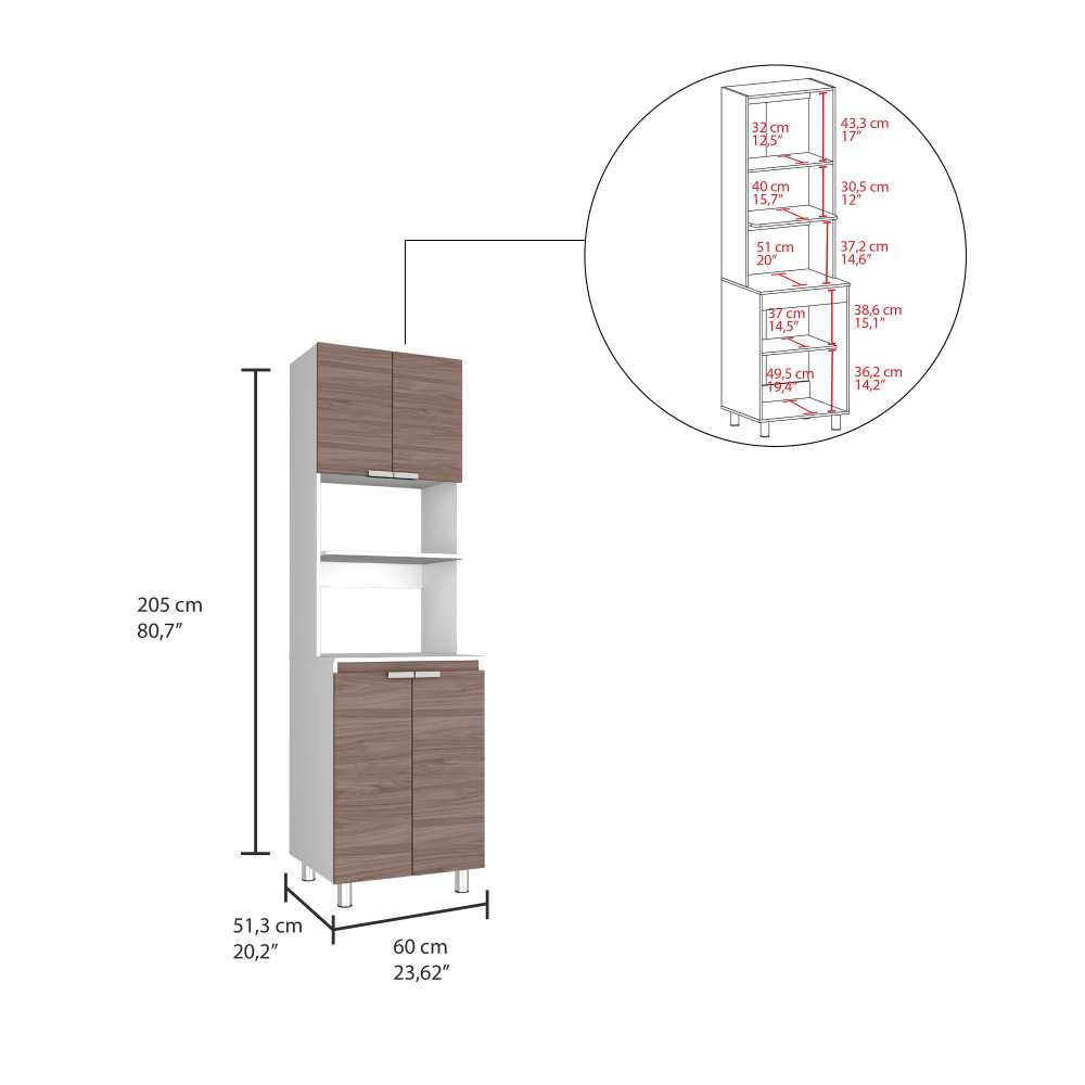 Mueble Microondas Fendi Blanco y Castaño 60x205cm sin Cajones y con Cuatro Puertas - Muebles Organizadores | Bylmo