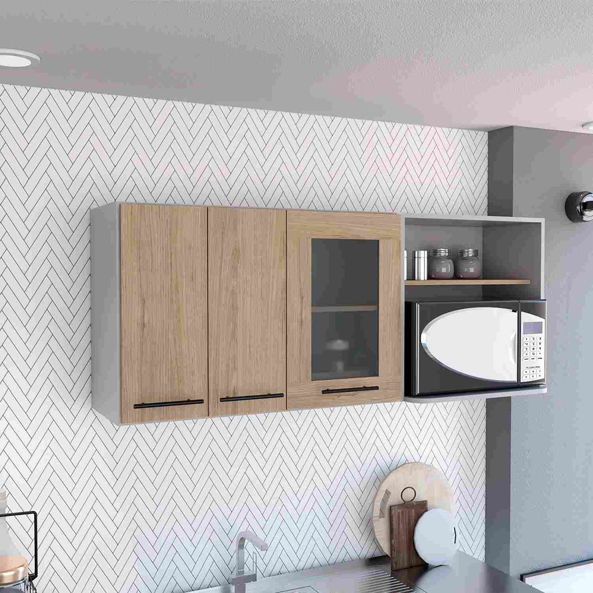 Mueble Superior de Cocina Hasselt Gris y Rovere 150x60cm con Tres Puertas con Locero y con Espacio para Microondas - Muebles Superiores | Bylmo