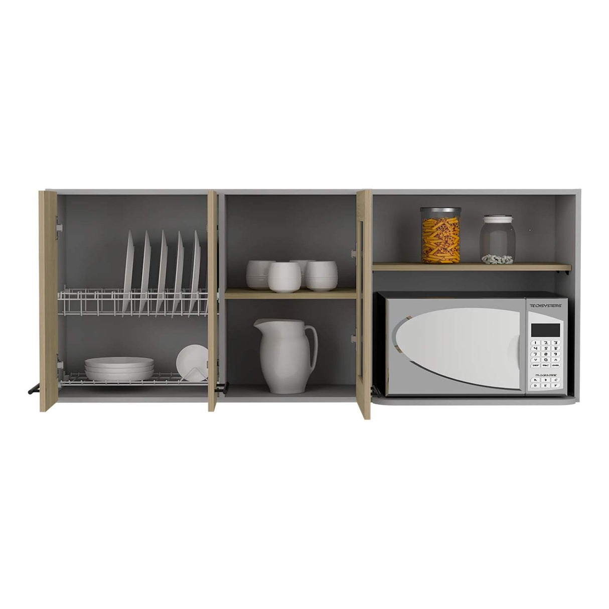 Mueble Superior de Cocina Hasselt Gris y Rovere 150x60cm con Tres Puertas con Locero y con Espacio para Microondas - Muebles Superiores | Bylmo
