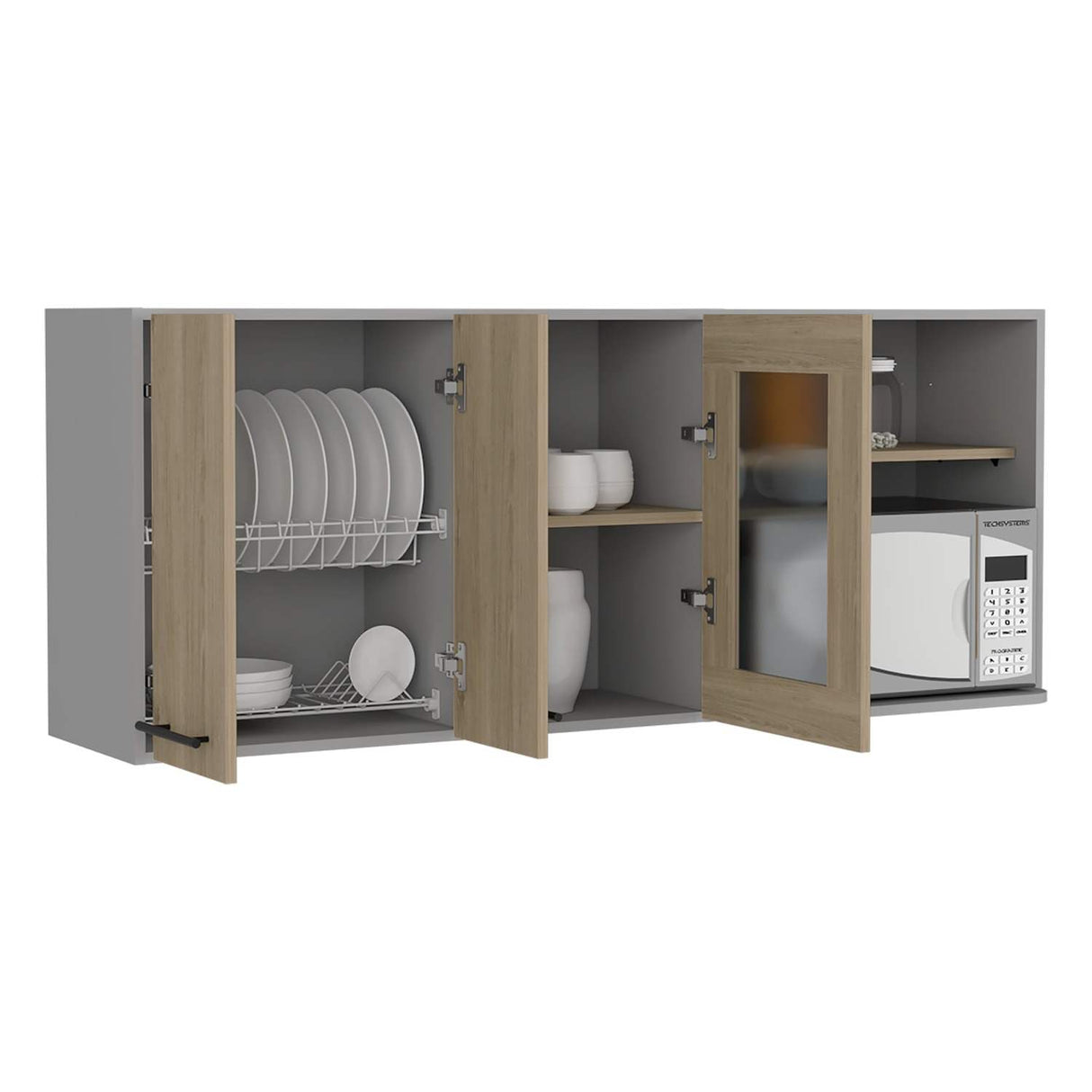 Mueble Superior de Cocina Hasselt Gris y Rovere 150x60cm con Tres Puertas con Locero y con Espacio para Microondas - Muebles Superiores | Bylmo