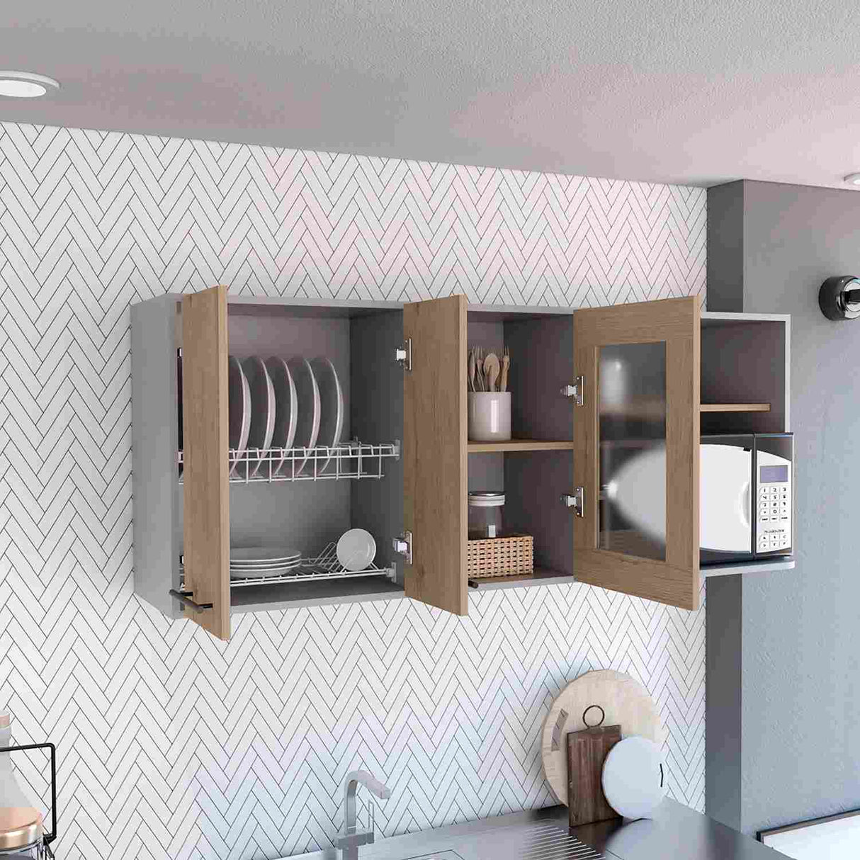 Mueble Superior de Cocina Hasselt Gris y Rovere 150x60cm con Tres Puertas con Locero y con Espacio para Microondas - Muebles Superiores | Bylmo
