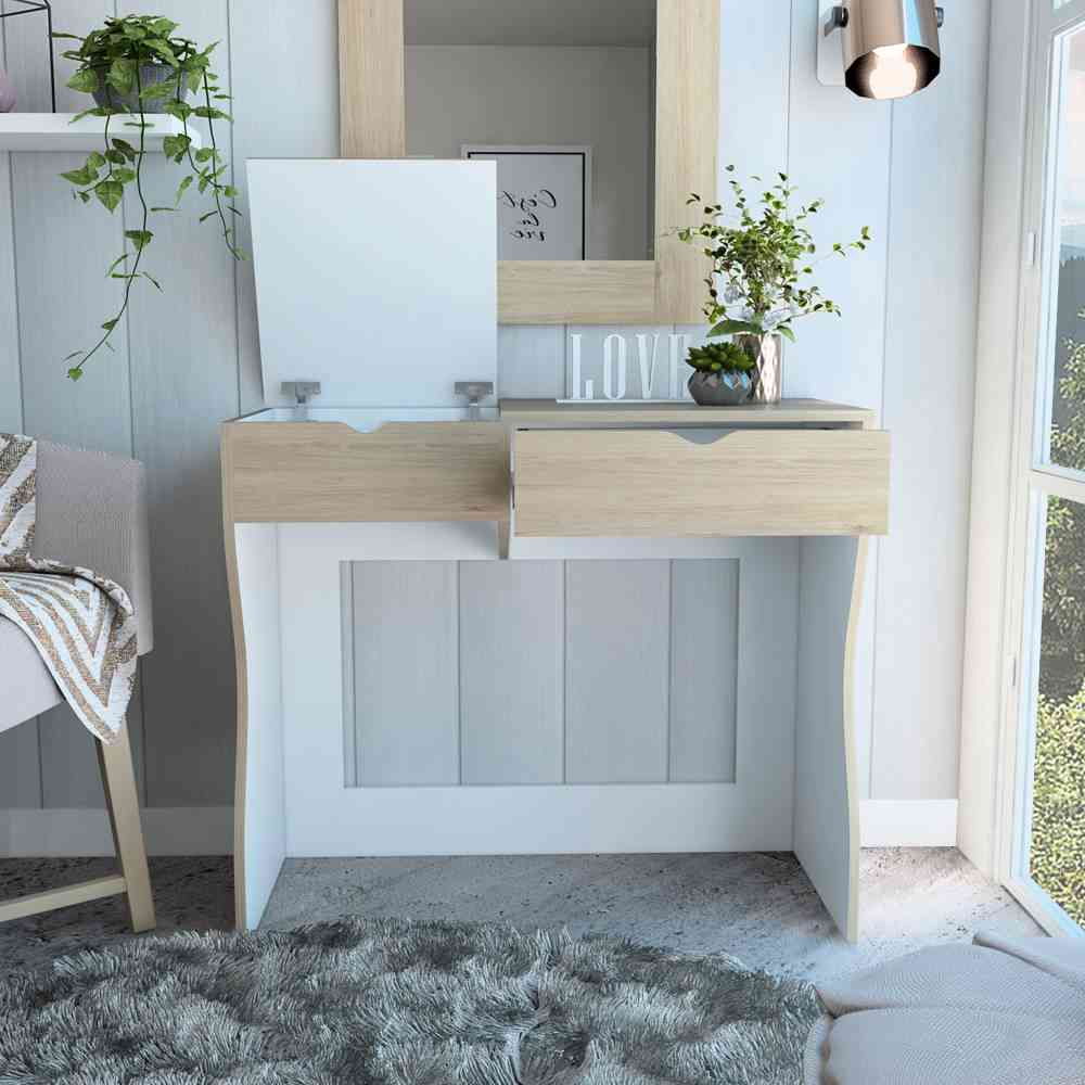 Tocador Perla Rovere y Blanco 90x40cm de Un Puesto con Un Cajón - Cajoneras | Bylmo