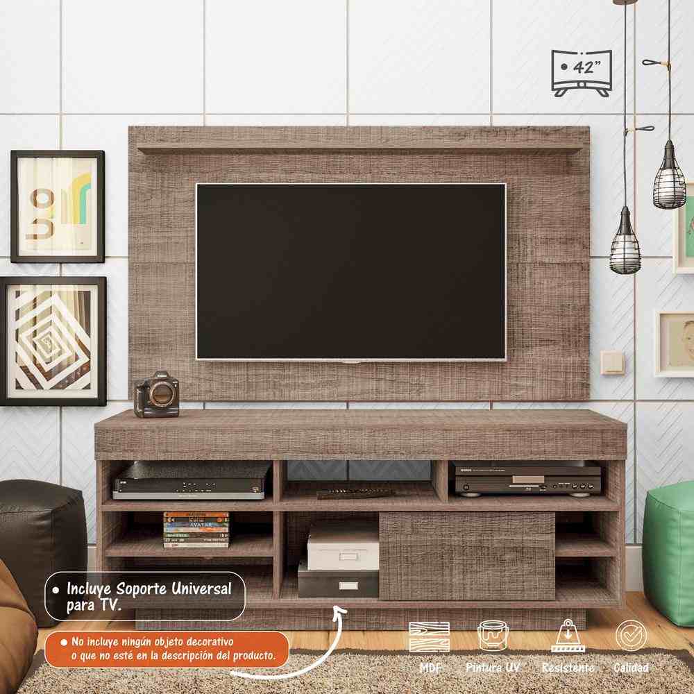Combo Mueble y Panel de TV Roma Canela y Amarillo 140x139cm para TV Hasta 42 Pulgadas con Ranuras para Cables y con Siete Compartimientos - Muebles para TV | Bylmo