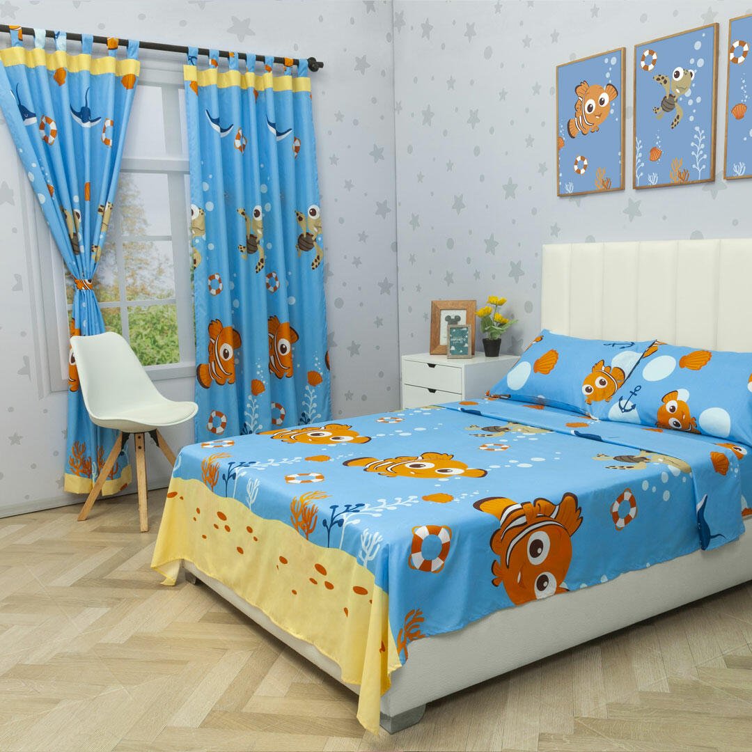 Combo Juego de Sabanas y Cortina Infantil Azul Semidoble 120 X 190 Cm de Oceano - Ropa de Cama | Bylmo
