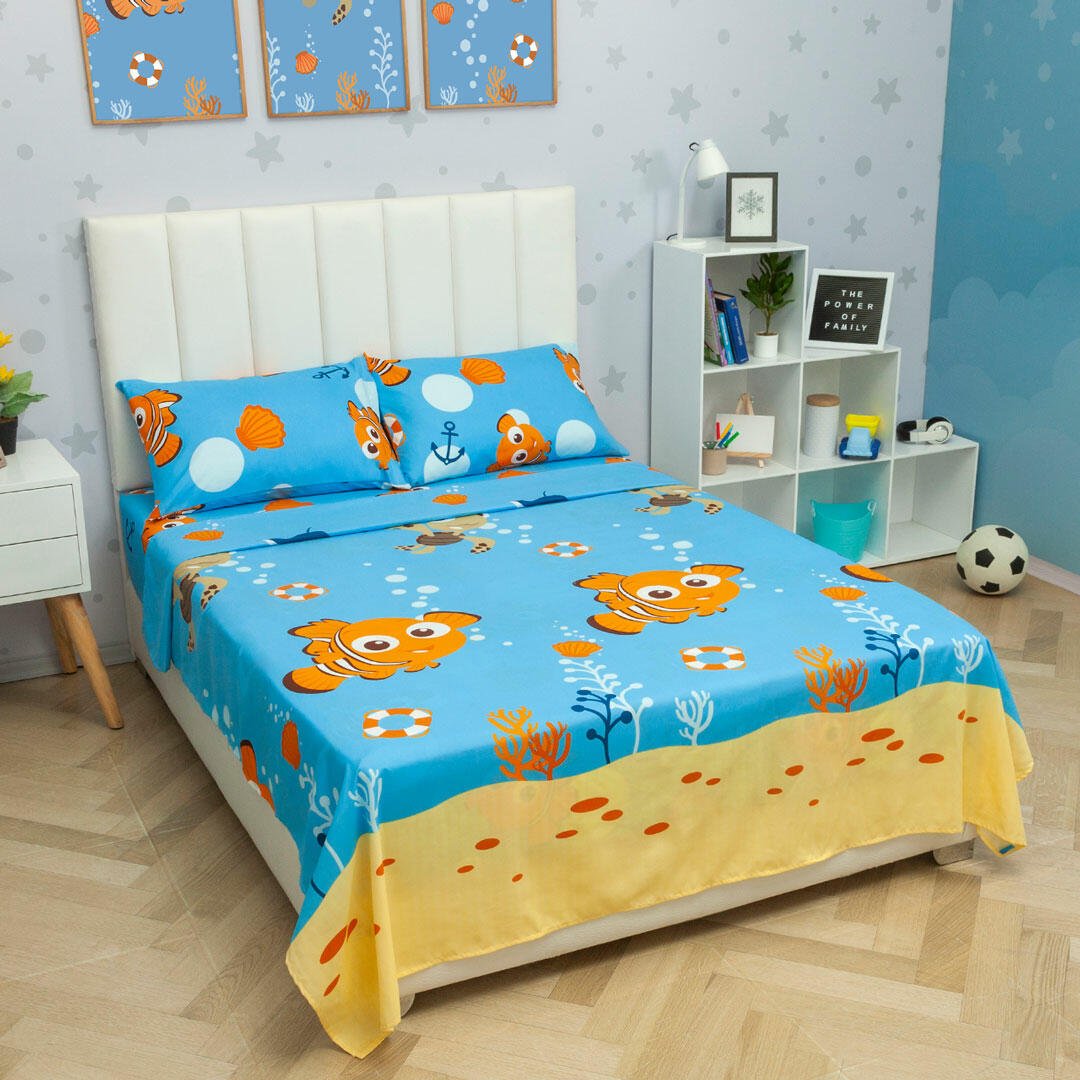 Juego de Sabanas Infantil Microfibra Semidoble 120 cm Azul de Nemo - Ropa de Cama | Bylmo