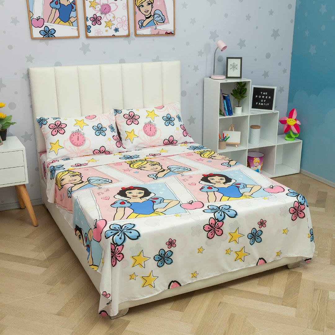 Juego de Sabanas Infantil Microfibra Semidoble 120 cm Blanco de Princesas - Ropa de Cama | Bylmo