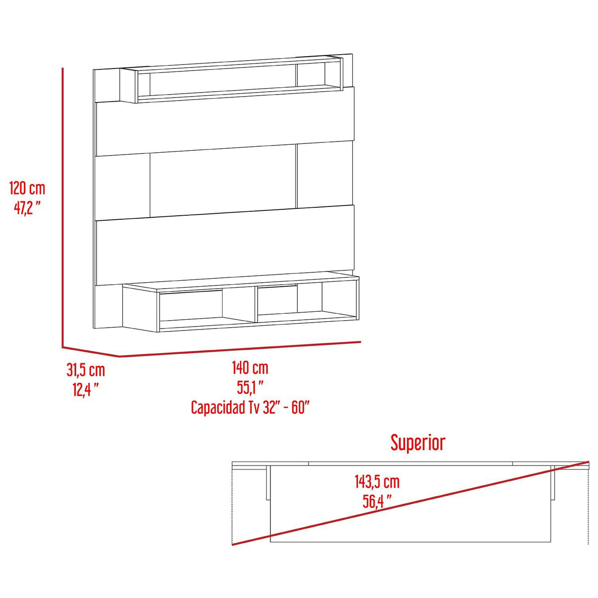 Panel de TV Charlotte Plomo 140x120cm Para TV Hasta 60 Pulgadas sin Cajones - Muebles de TV | Bylmo
