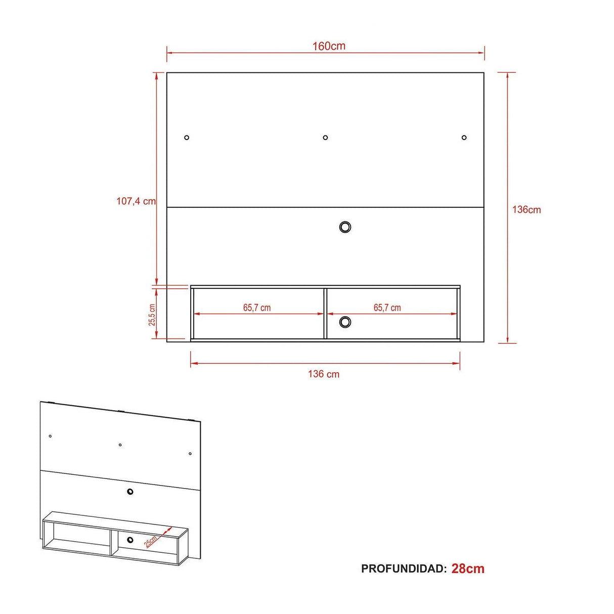 Panel de TV Esperanza Almendra y Blanco 160x136cm Para TV Hasta 65 Pulgadas sin Cajones y con Ranuras para Cables - Muebles para TV | Bylmo