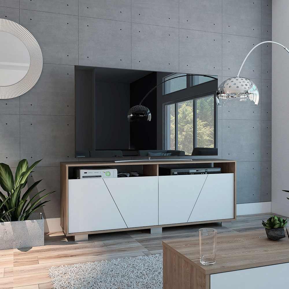 Rack de TV Fracktal Miel y Blanco 155.5x61cm para TV Hasta 70 Pulgadas y con Cuatro Compartimientos - Muebles para TV | Bylmo