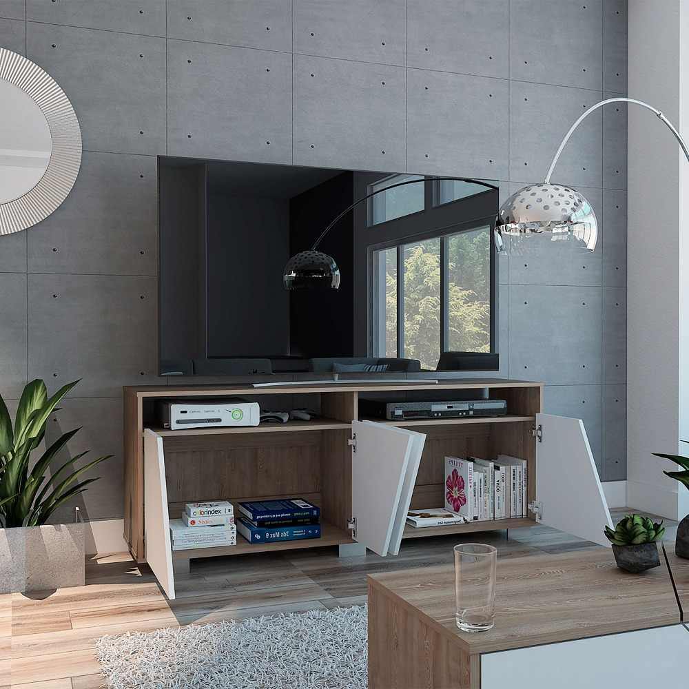 Rack de TV Fracktal Miel y Blanco 155.5x61cm para TV Hasta 70 Pulgadas y con Cuatro Compartimientos - Muebles para TV | Bylmo