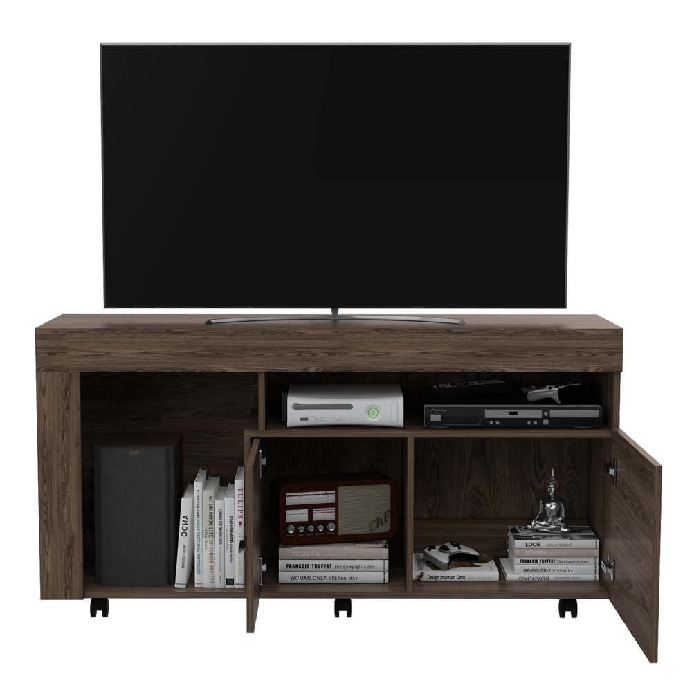 Rack de TV Tolón Coñac 136.2x70cm Para TV Hasta 60 Pulgadas con Dos Cajones y con Ruedas - Muebles para TV | Bylmo