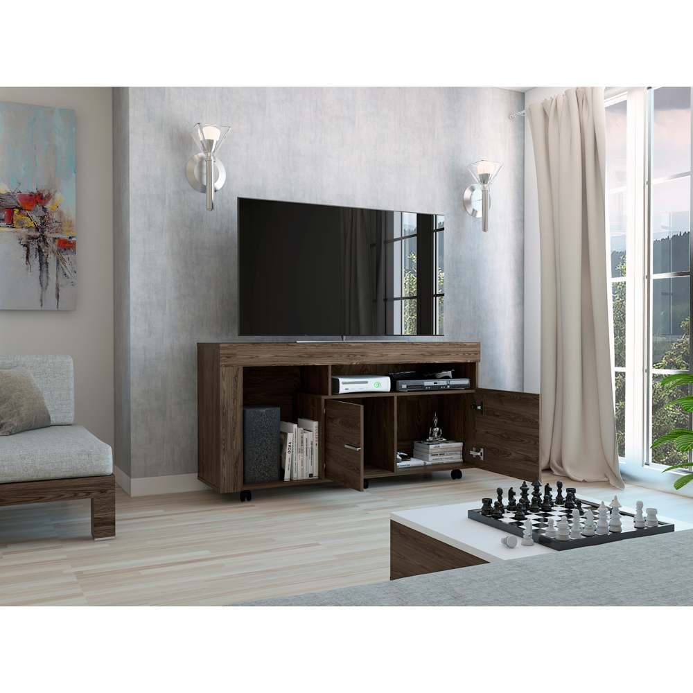Rack de TV Tolón Coñac 136.2x70cm Para TV Hasta 60 Pulgadas con Dos Cajones y con Ruedas - Muebles para TV | Bylmo
