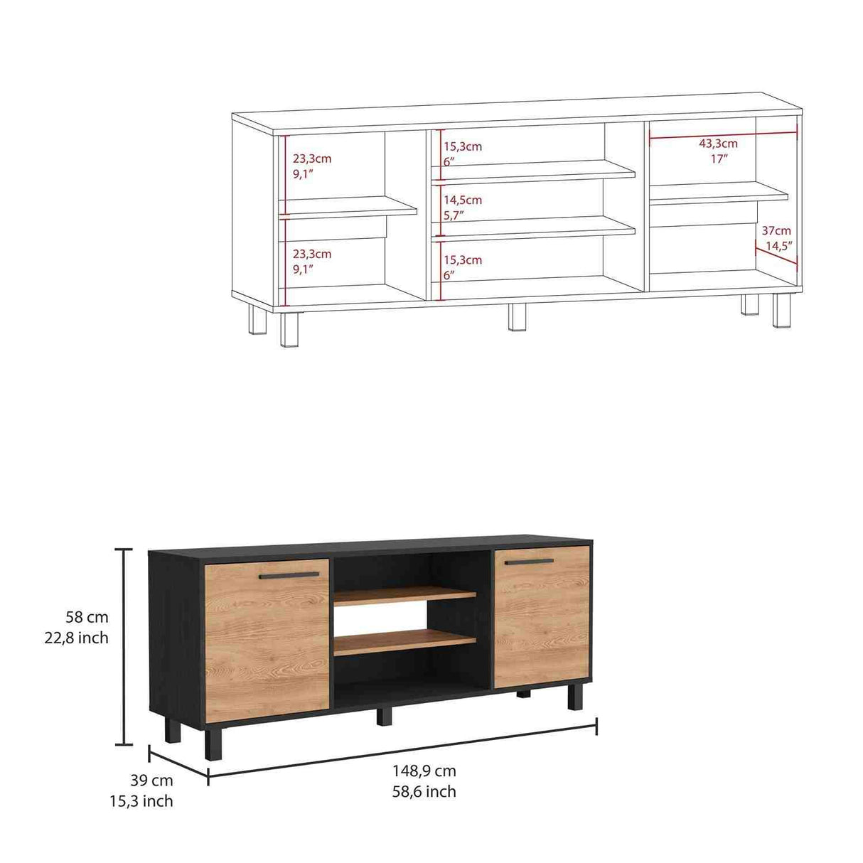 Rack de TV Kaia Wengue 149x58cm Para TV Hasta 65 Pulgadas con Dos Cajones y con Patas - Muebles de TV | Bylmo