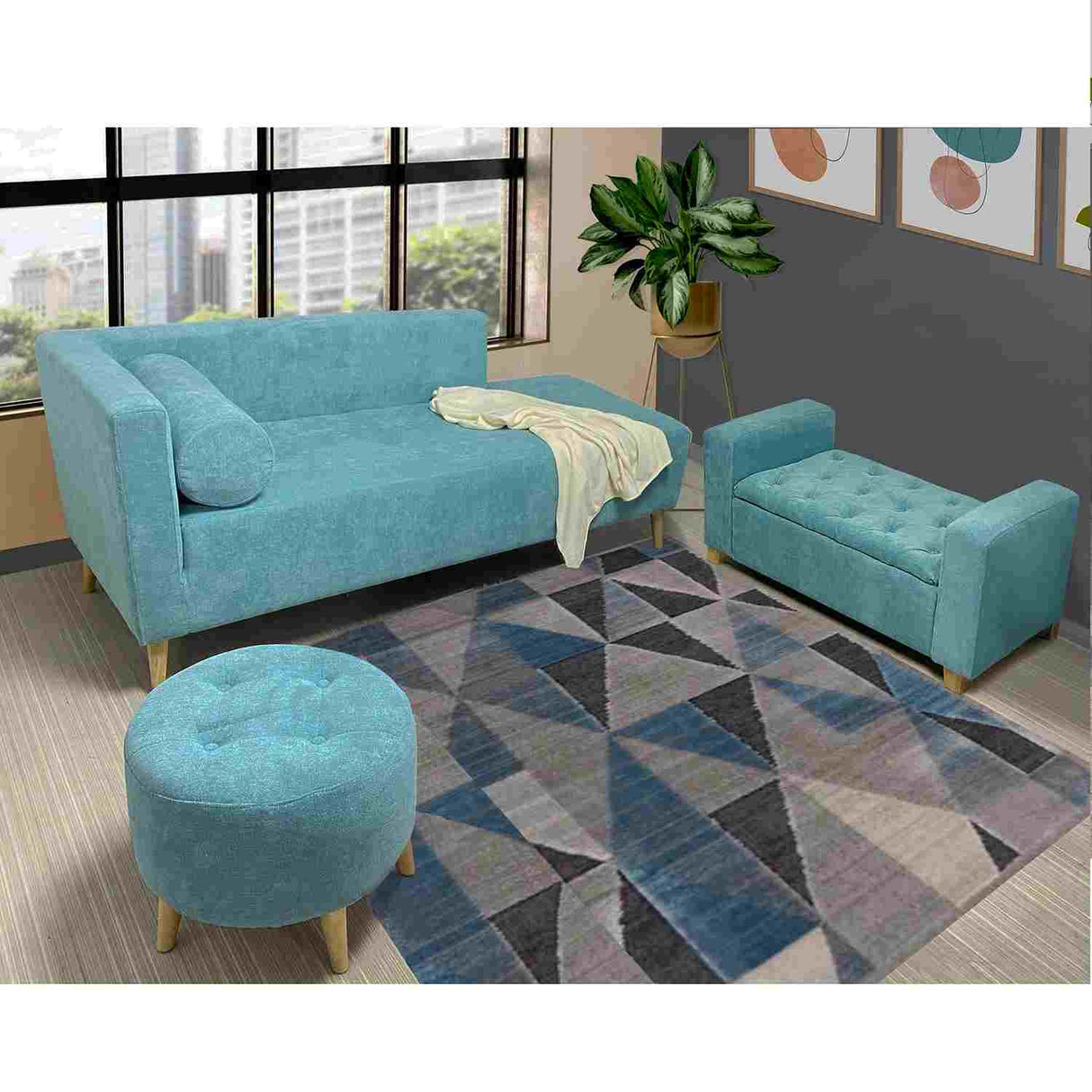 Sala Chaise Long Verde Menta 163 cm con Sofá, Banqueta Baúl y Puff - Combos Sala | Bylmo