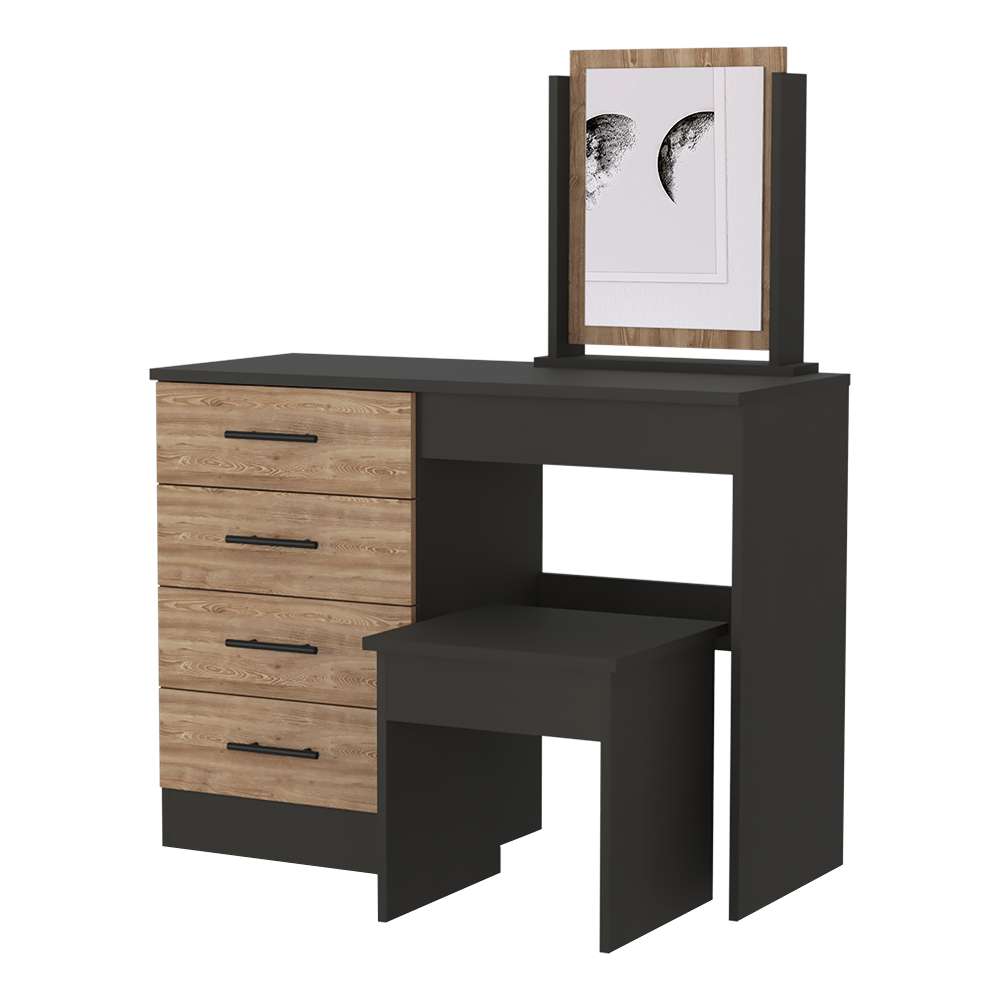 Tocador Kaia Miel y Wengue 100x42.5cm de Un Puesto con Cuatro Cajones con Espejo y con Una Silla - Cajoneras | Bylmo