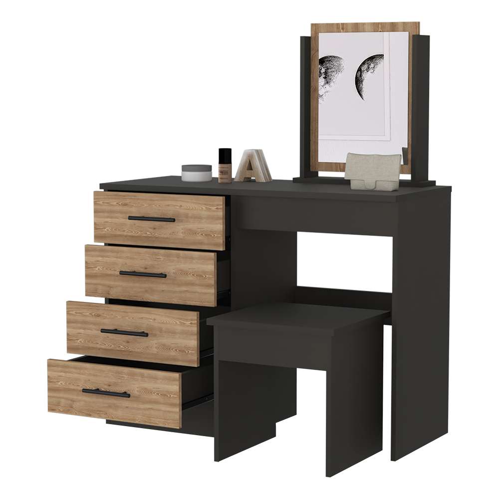 Tocador Kaia Miel y Wengue 100x42.5cm de Un Puesto con Cuatro Cajones con Espejo y con Una Silla - Cajoneras | Bylmo