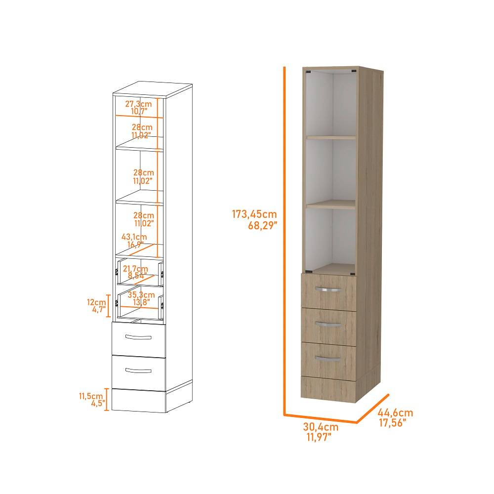 Mueble Auxiliar Vanguard Plus Rovere y Blanco 30 cm con Tres Cajones y Entrepaños - Gabinetes | Bylmo