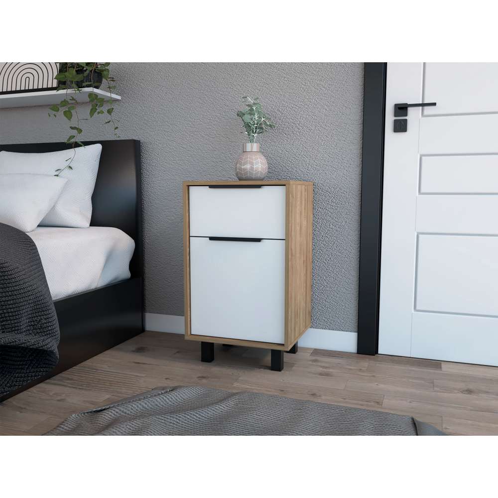 Mesa de Noche Kaia Z Miel y Blanco 41x70cm con Un Cajón y con Una Puerta - Mesas de Noche | Bylmo