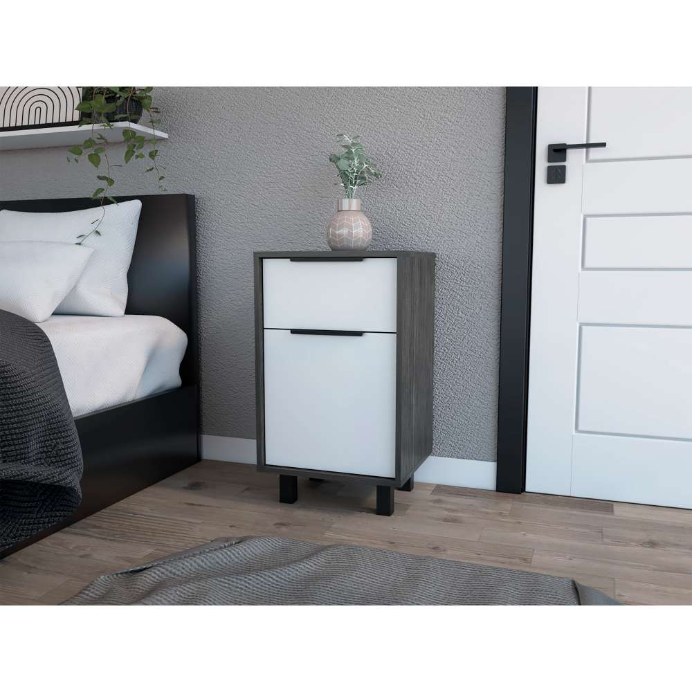 Mesa de Noche Kaia Plus Roble Gris y Blanco 41 cm con Un Cajón y Una Puerta - Mesas de Noche | Bylmo
