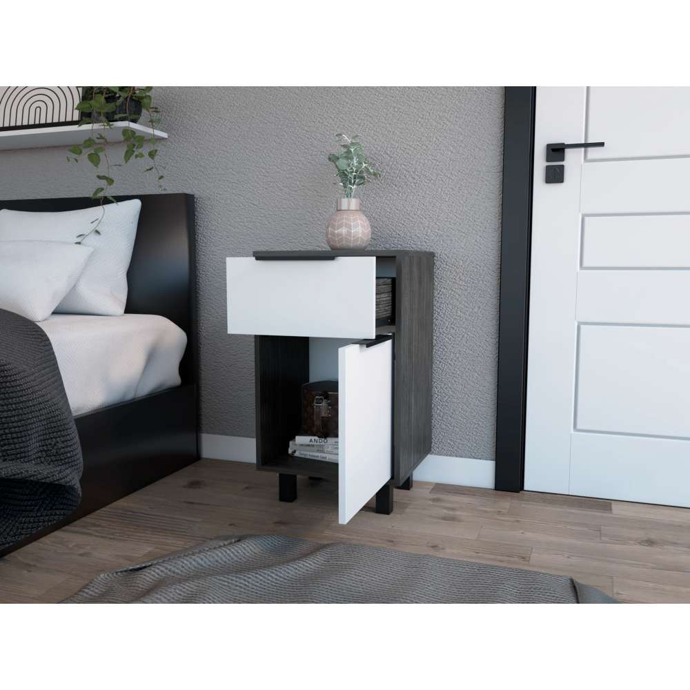 Mesa de Noche Kaia Plus Roble Gris y Blanco 41 cm con Un Cajón y Una Puerta - Mesas de Noche | Bylmo