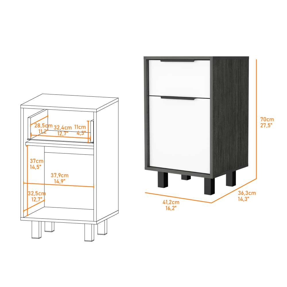 Mesa de Noche Kaia Plus Roble Gris y Blanco 41 cm con Un Cajón y Una Puerta - Mesas de Noche | Bylmo