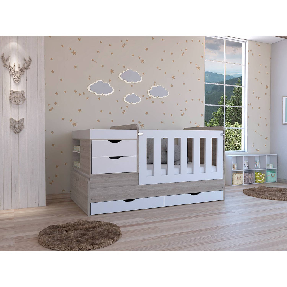 Cama Corral Rosario Blanco y Ceniza 106x99.45cm para Colchón Sencillo sin Colchón y con Cabecero - Camas | Bylmo