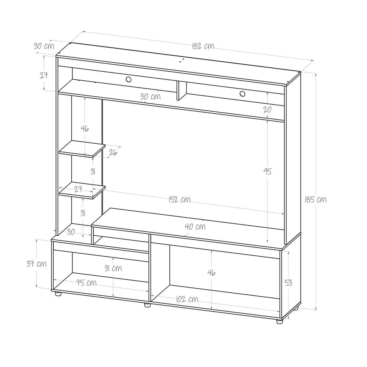 Centro de Entretenimiento Rovere y Niebla 181.5x184.7cm para TV Hasta 65 Pulgadas y con Siete Compartimientos - Muebles para TV | Bylmo