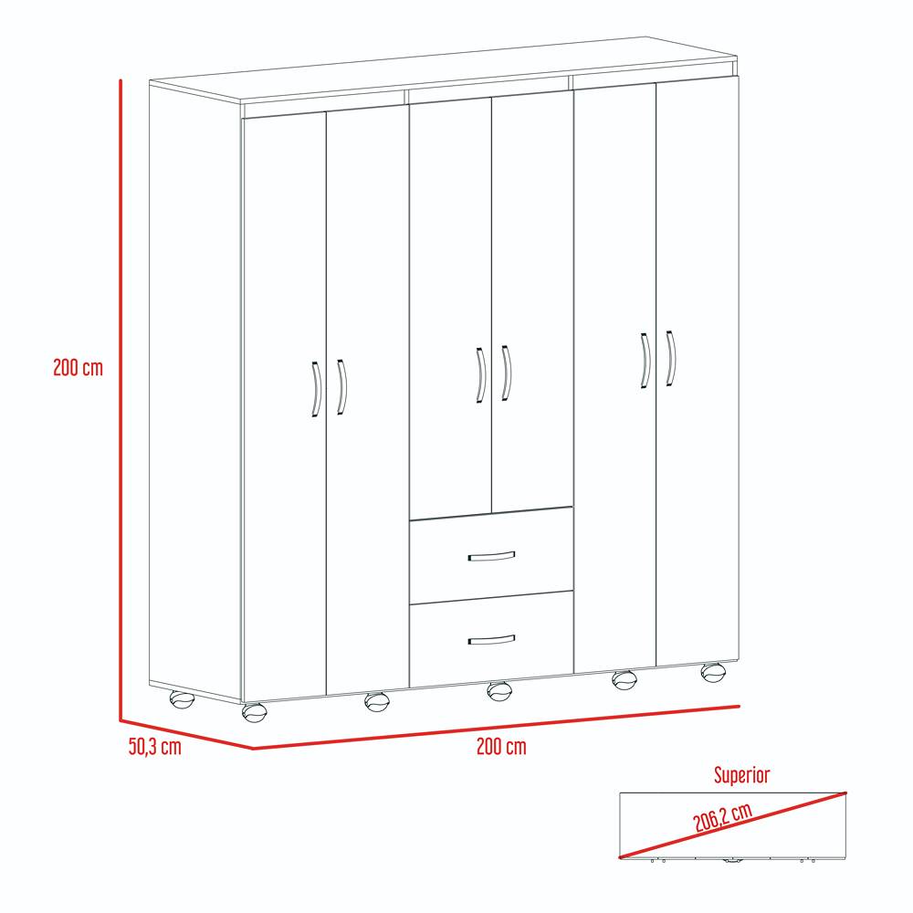 Closet Bariloche Duna 200 cm con Seis Puertas, Dos Cajones y Rodachinas - Closets | Bylmo