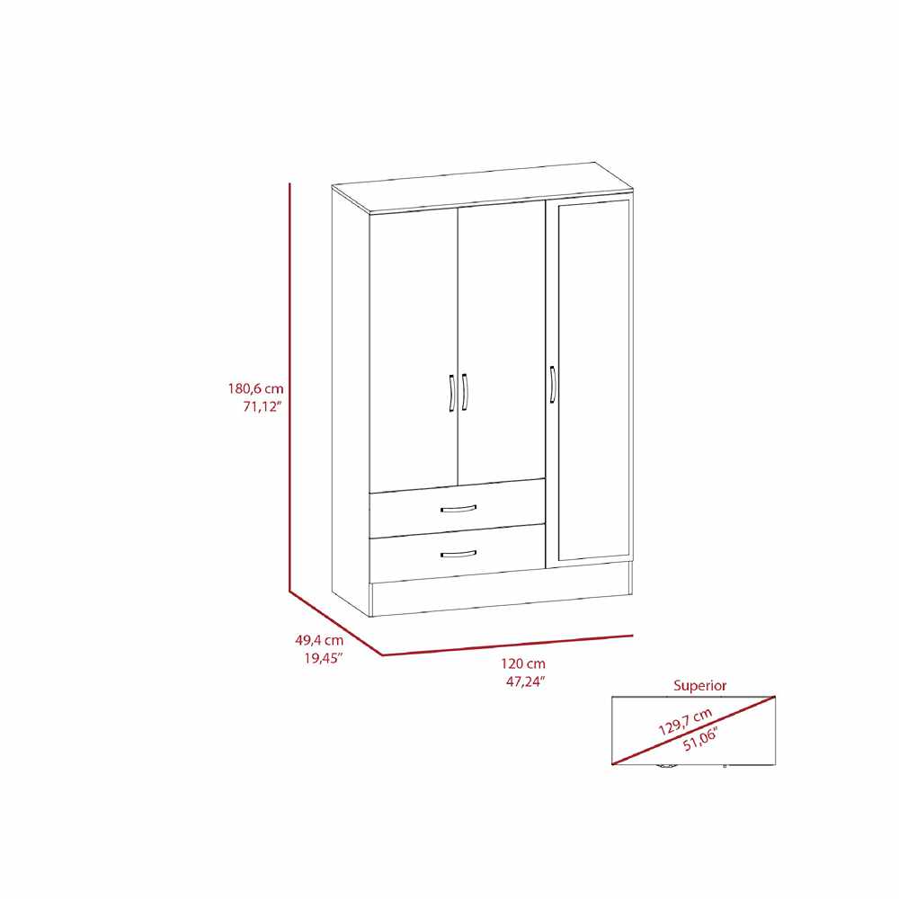 Closet Cidra Wengue 120x181cm con 2 Cajones con 3 Entrepaños con Espejo - Closets | Bylmo