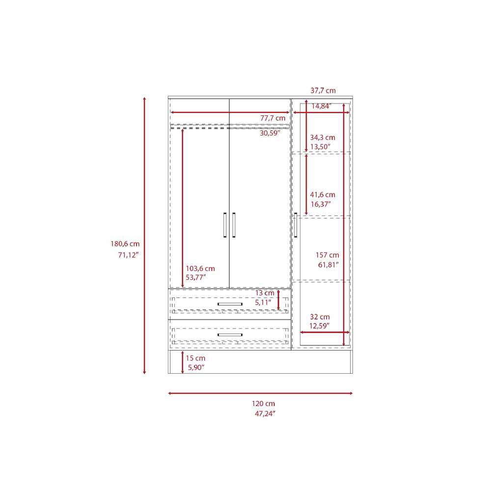 Closet Cidra Wengue 120x181cm con 2 Cajones con 3 Entrepaños con Espejo - Closets | Bylmo