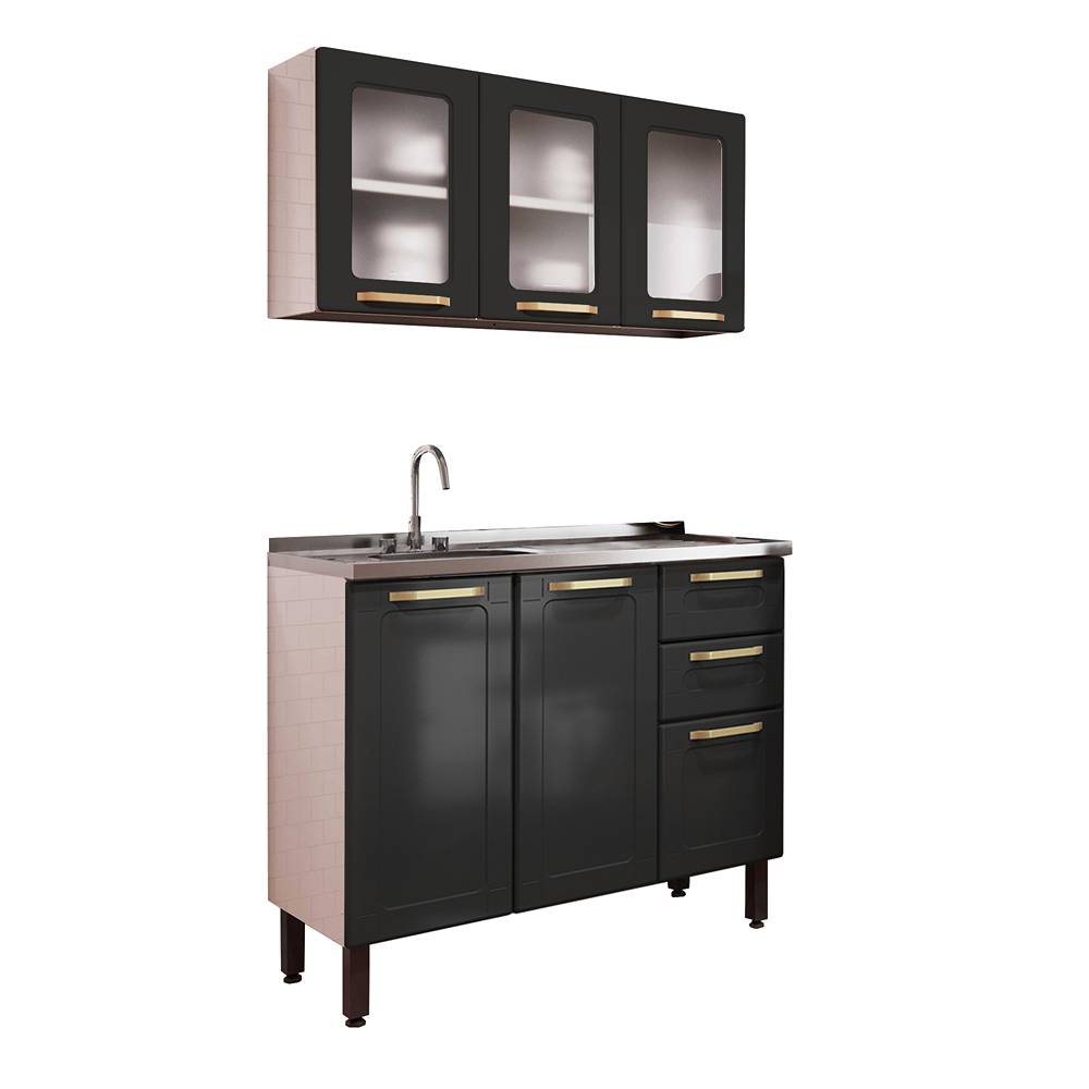 Cocina Integral Negro 105x52,5cm con Meson de Acero Al Carbon y con Pozuelo para lado Izquierda - Cocinas | Bylmo