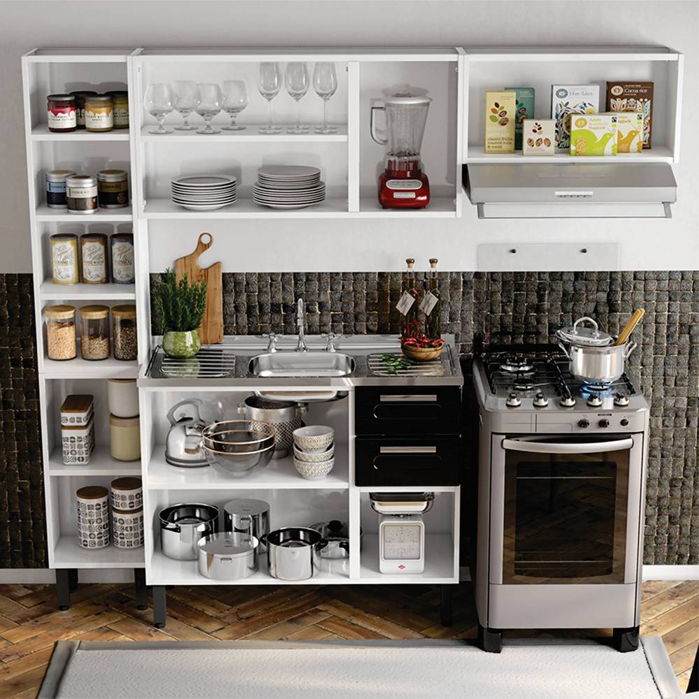 Cocina Caribe Blanco y Negro 105x52,5cm con Meson de Acero Inoxidable y con Pozuelo para lado Izquierda - Cocinas | Bylmo