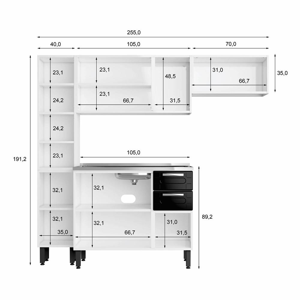 Cocina Caribe Blanco y Negro 105x52,5cm con Meson de Acero Inoxidable y con Pozuelo para lado Izquierda - Cocinas | Bylmo