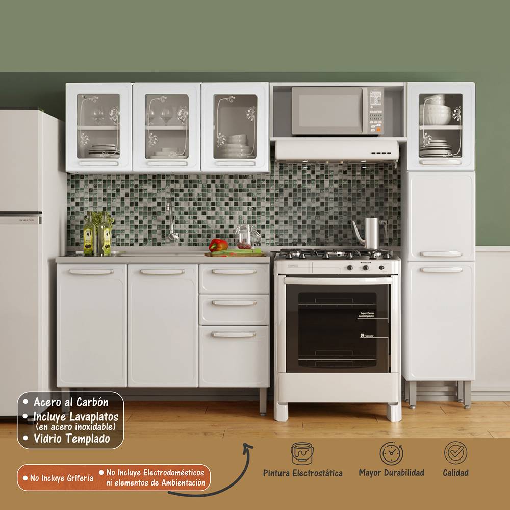 Cocina Integral Evidence Blanco 105x52,5cm con Meson de Acero Al Carbon y con Pozuelo para lado Centro - Cocinas | Bylmo