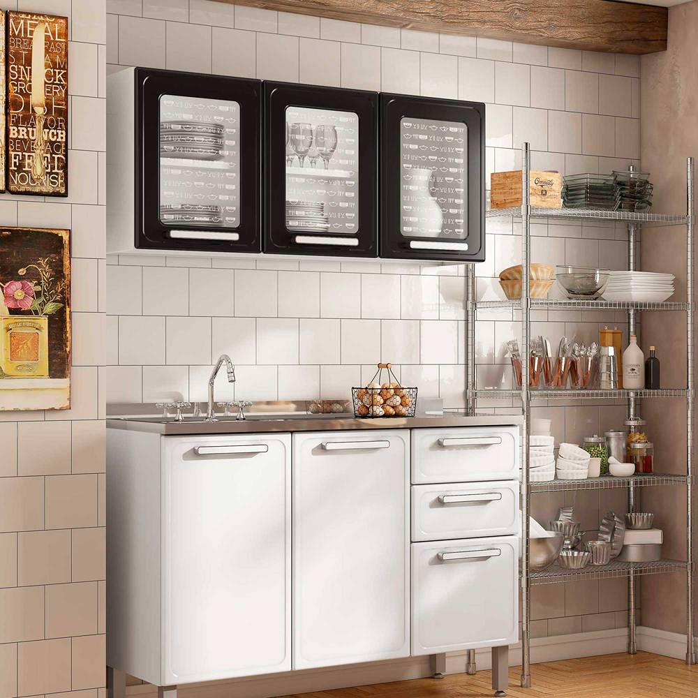 Cocina Integral Gourmet Blanco y Negro 120 cm con Mesón y con Lavaplatos Central - Cocinas | Bylmo