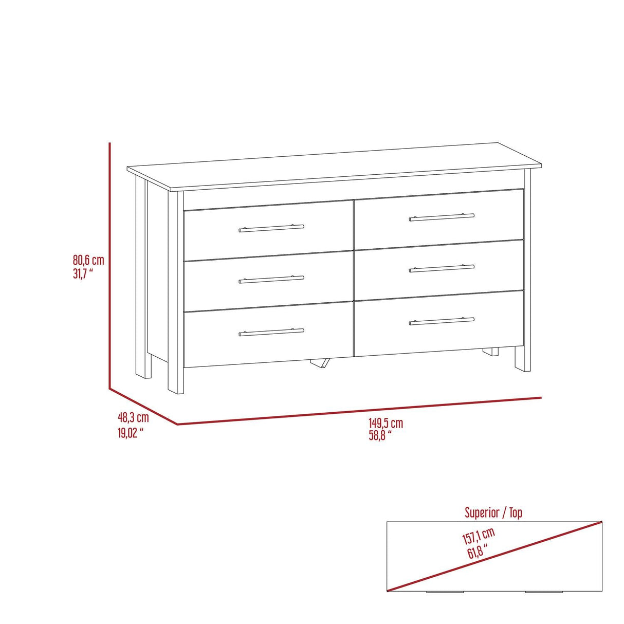 Cómoda HMS Ceniza 149.5x80.6cm De Tres Hileras con Tres Cajones - Cajoneras y Comodas | Bylmo