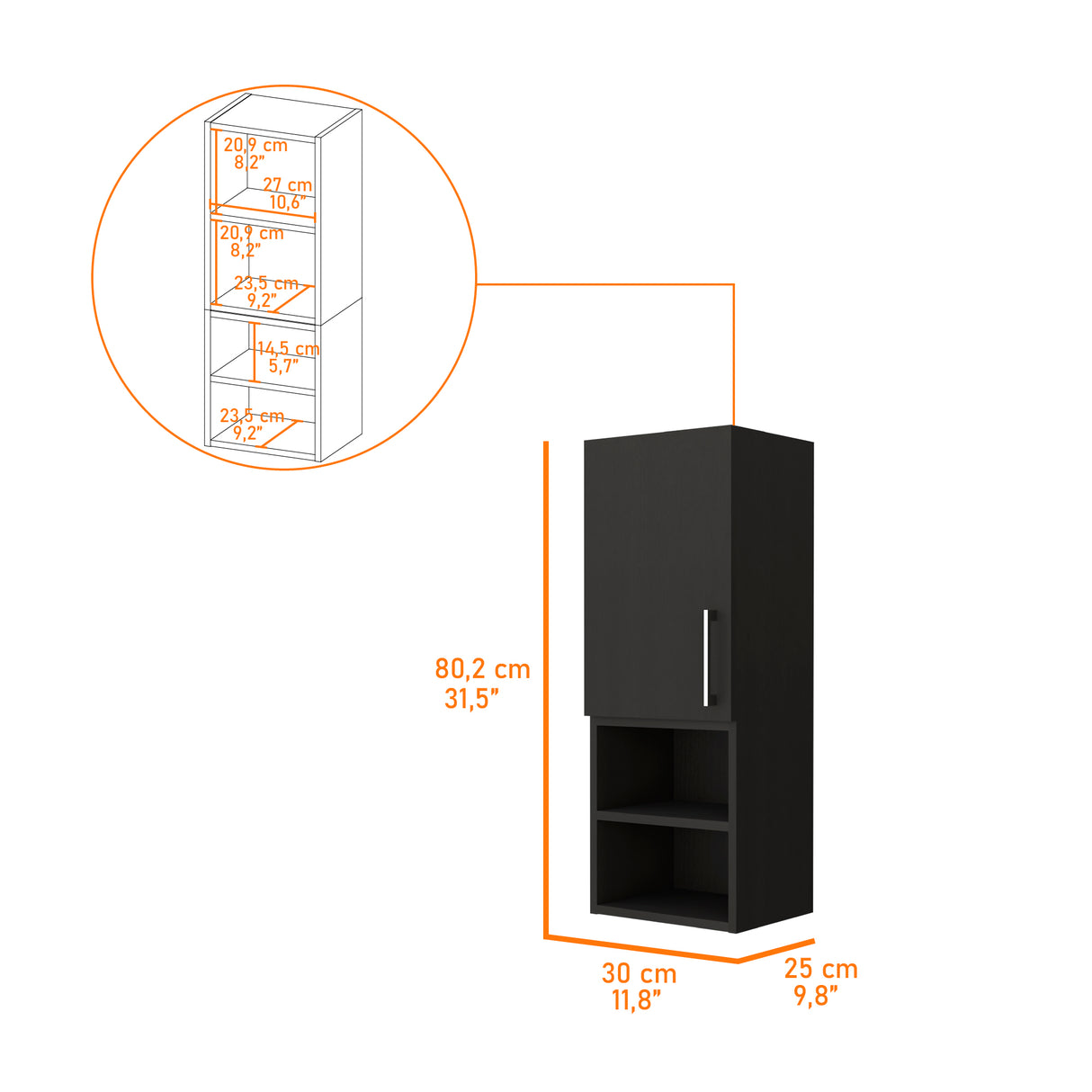 Gabinete de Baño Madrid Wengue 30x80cm Rectangular sin Espejo y con Dos Entrepaños - Gabinetes | Bylmo