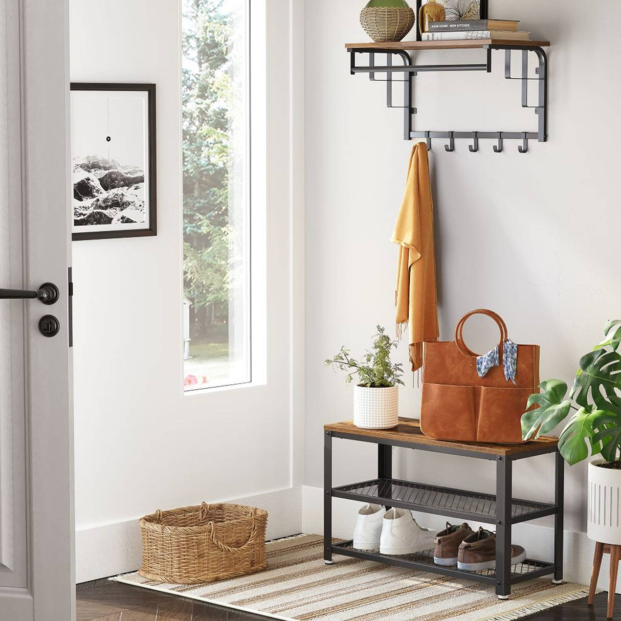 Mueble Auxiliar Kazan Café Rústico y Negro 73 cm con Entrepaños - Zapateros | Bylmo