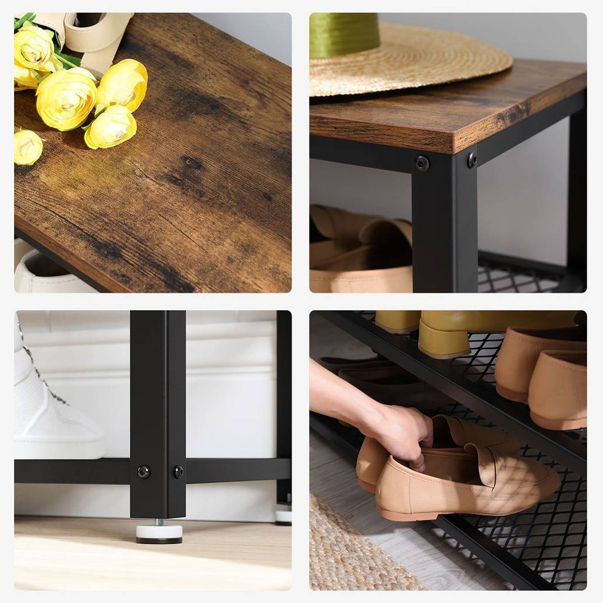 Mueble Auxiliar Kazan Café Rústico y Negro 73 cm con Entrepaños - Zapateros | Bylmo
