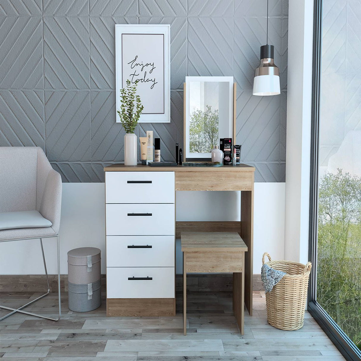 Tocador Kaia Miel y Blanco 100x42.5cm de Un Puesto con Cuatro Cajones con Espejo y con Una Silla - Tocadores | Bylmo