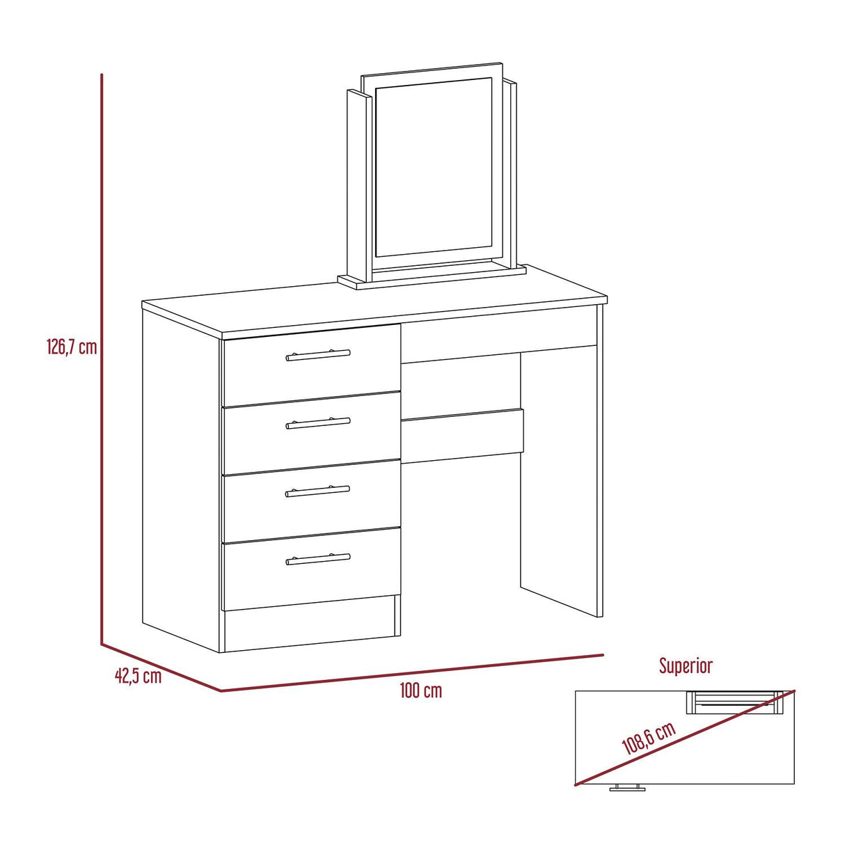 Tocador Kaia Miel y Blanco 100x42.5cm de Un Puesto con Cuatro Cajones con Espejo y con Una Silla - Tocadores | Bylmo