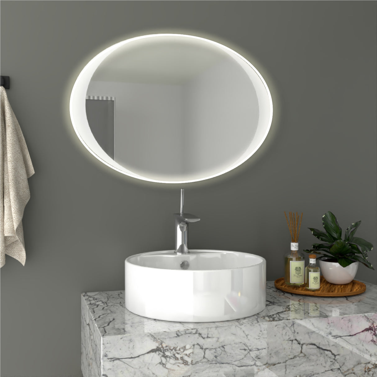 Espejo de Baño Varese Gris 70x50cm Ovalado con Sandblasting y con Iluminación Led - ESPEJOS DE BANHO | Bylmo