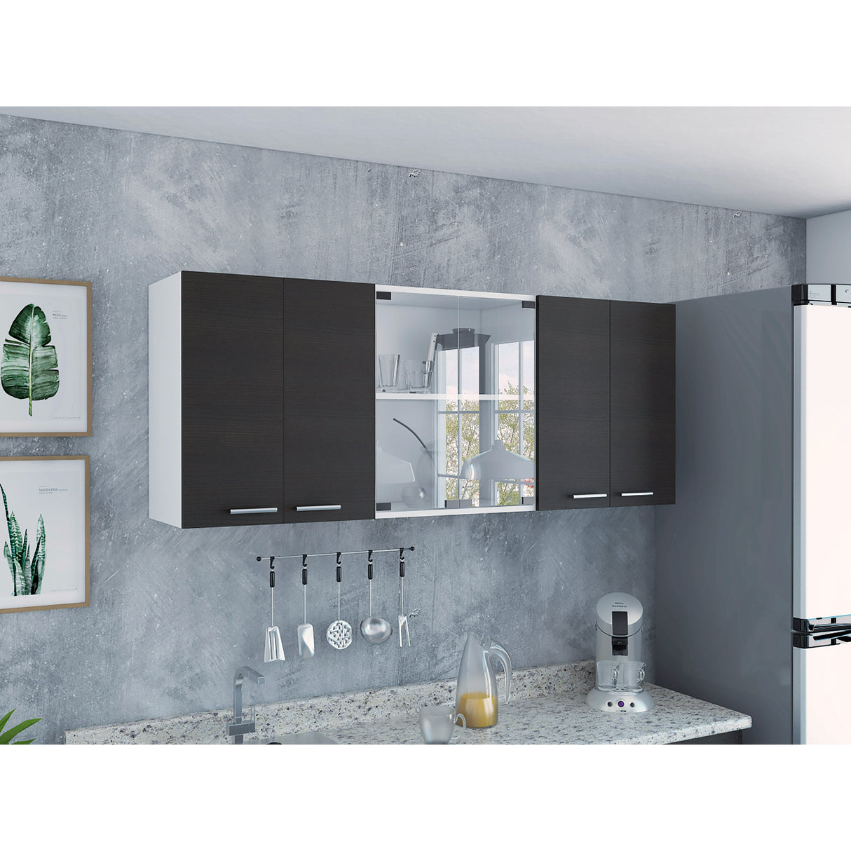 Mueble Superior de Cocina Wengue y Blanco 150x60cm con Dos Entrepaños y con Seis Puertas - Cocinas | Bylmo