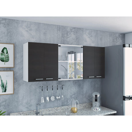 Mueble Superior de Cocina Wengue y Blanco 150x60cm con Dos Entrepaños y con Seis Puertas - Cocinas | Bylmo