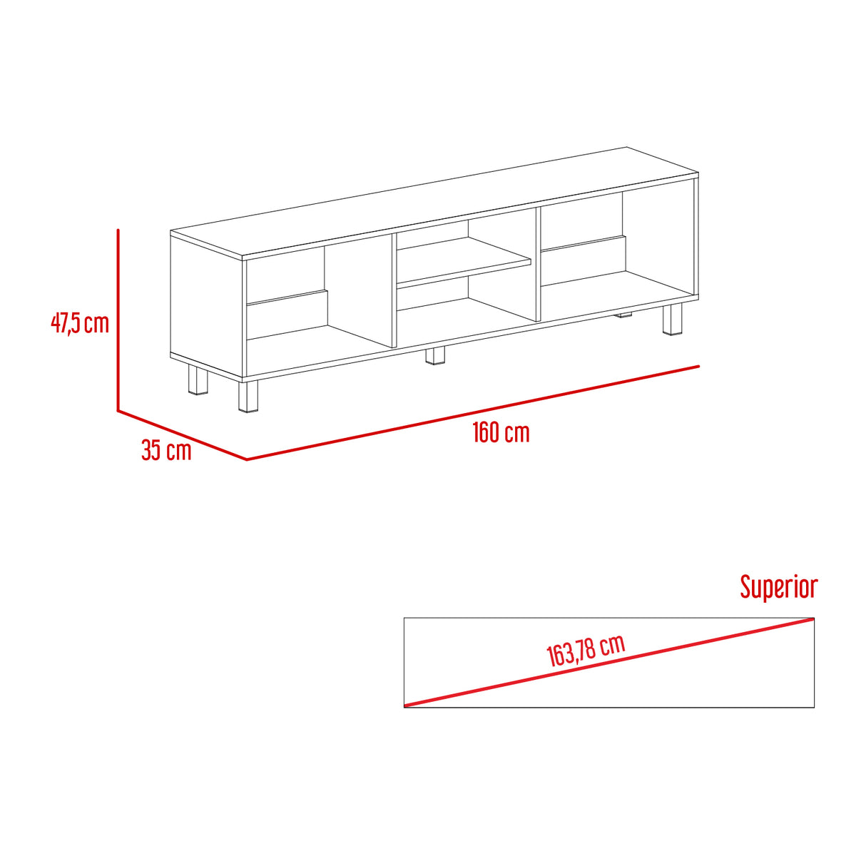 Rack de TV Tunez Blanco Marquez 160x47.5cm Para TV Hasta 70 Pulgadas sin Cajones y con Patas - Muebles para TV | Bylmo