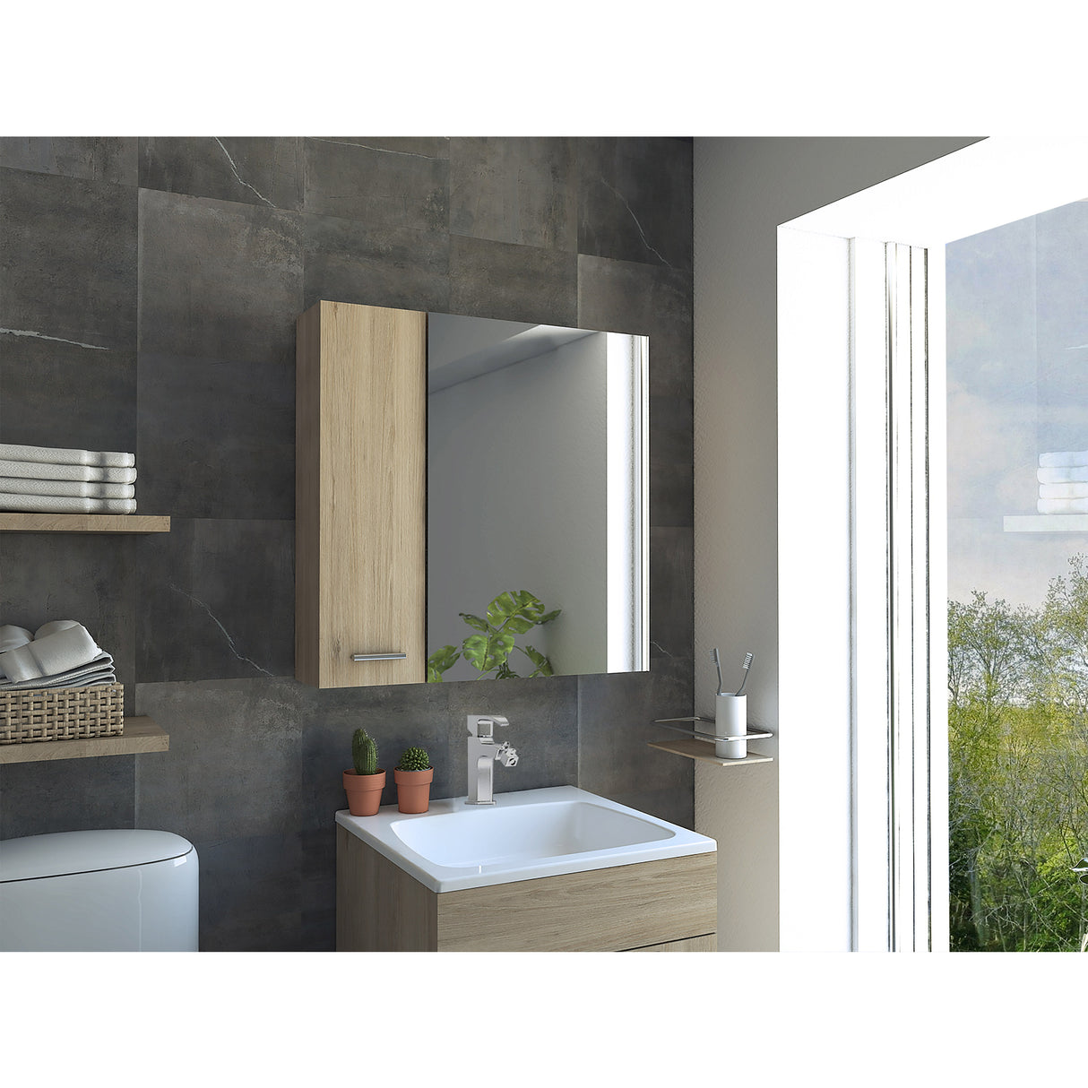 Gabinete de Baño Sines Rovere 60x60cm Rectangular con Una Puerta y Espejo - GABINETES DE BANHO | Bylmo