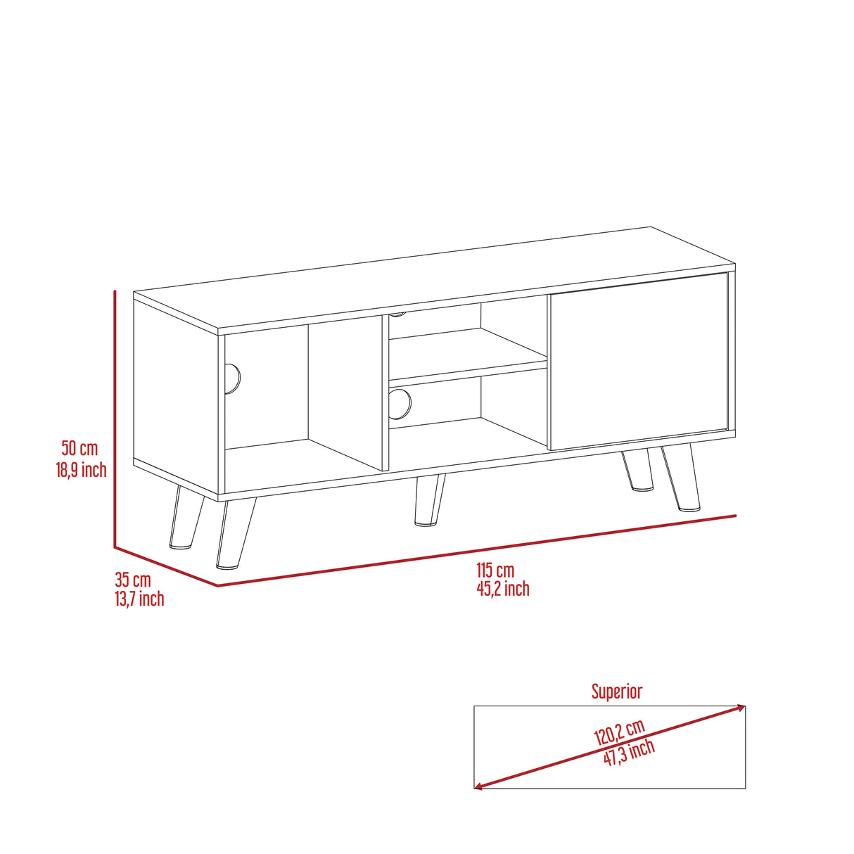 Rack de TV Cincinatti Coñac 115x50cm Para TV Hasta 45 Pulgadas con Un Cajón con Ranuras para Cables y con Patas - Muebles para TV | Bylmo