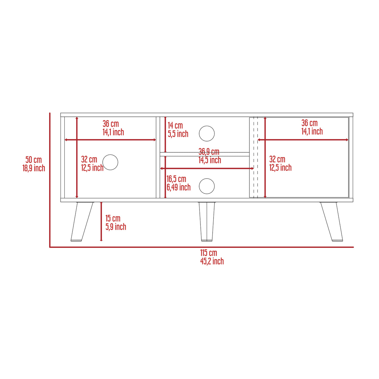 Rack de TV Cincinatti Coñac 115x50cm Para TV Hasta 45 Pulgadas con Un Cajón con Ranuras para Cables y con Patas - Muebles para TV | Bylmo