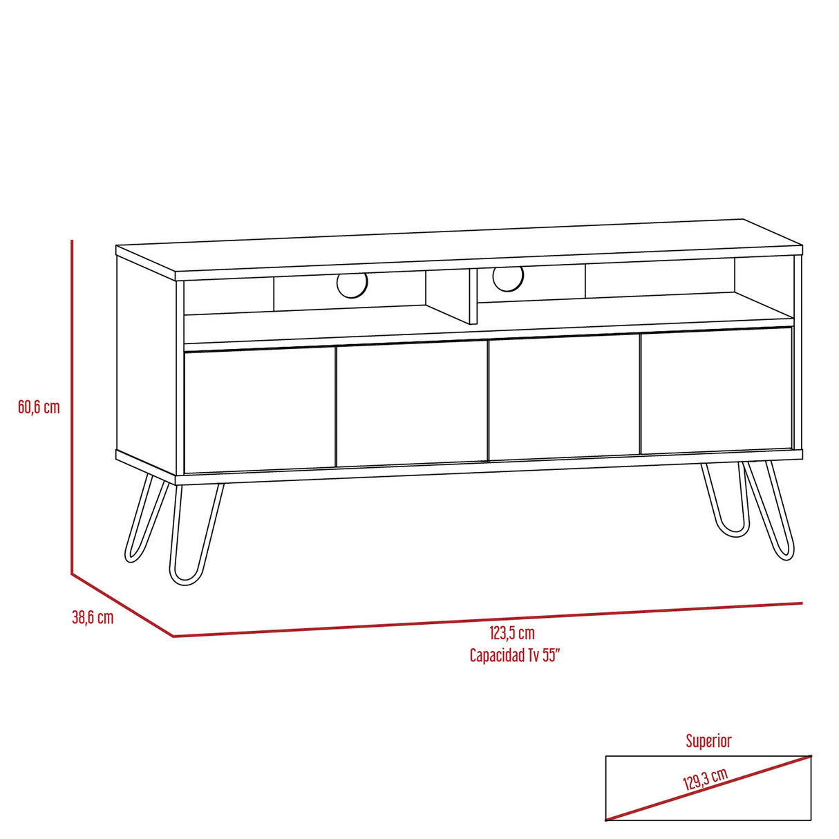 Rack de TV Vassel Miel 123x60cm para TV Hasta 55 Pulgadas y con Cuatro Compartimientos - Muebles para TV | Bylmo